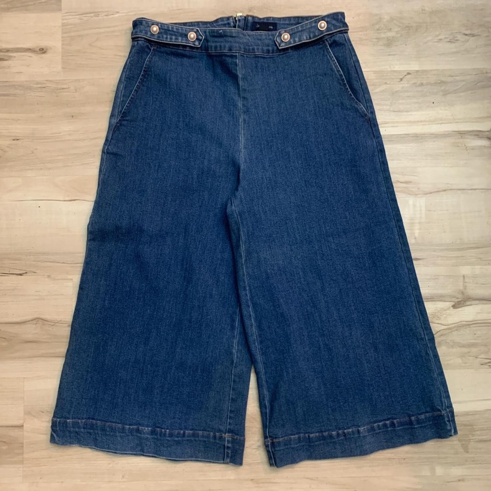 Charter Club Vintage Blue Denim Wide Leg Pants Pearl Buttons Pockets Size 10